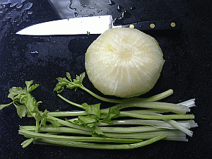 Image: Choi Goh, a large green root with my Sabatier 10inch cooks knife in the background - Click to Enlarge
